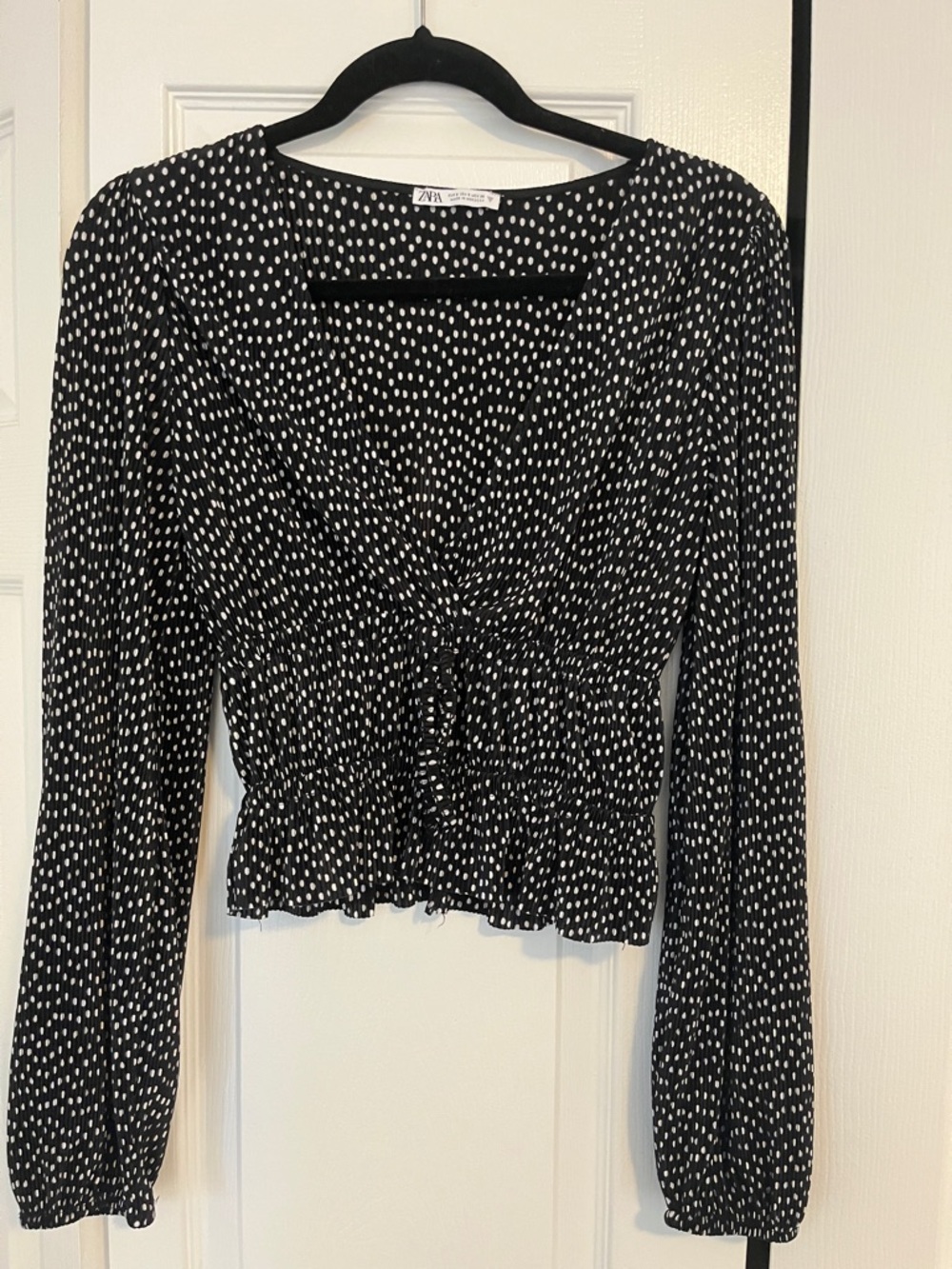 Zara Black Top with White Dot Print and Smocked Waist